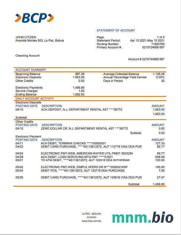 Szablon wyciągu bankowego Boliwii Banco Union w programie Word i PDF